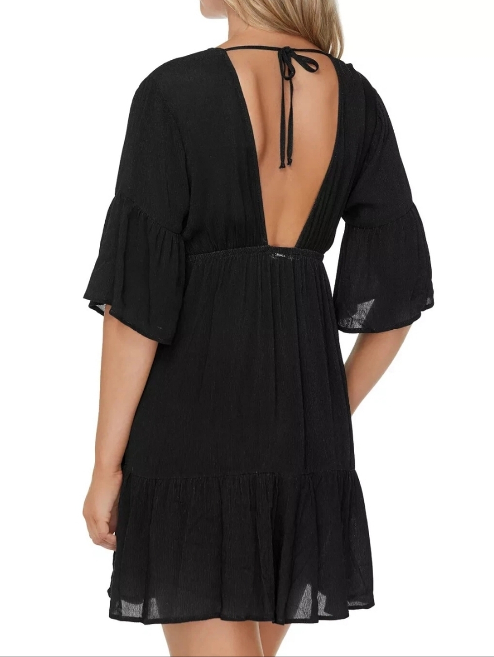 Black Viscose Deep Neckline Layered Babydoll Dress